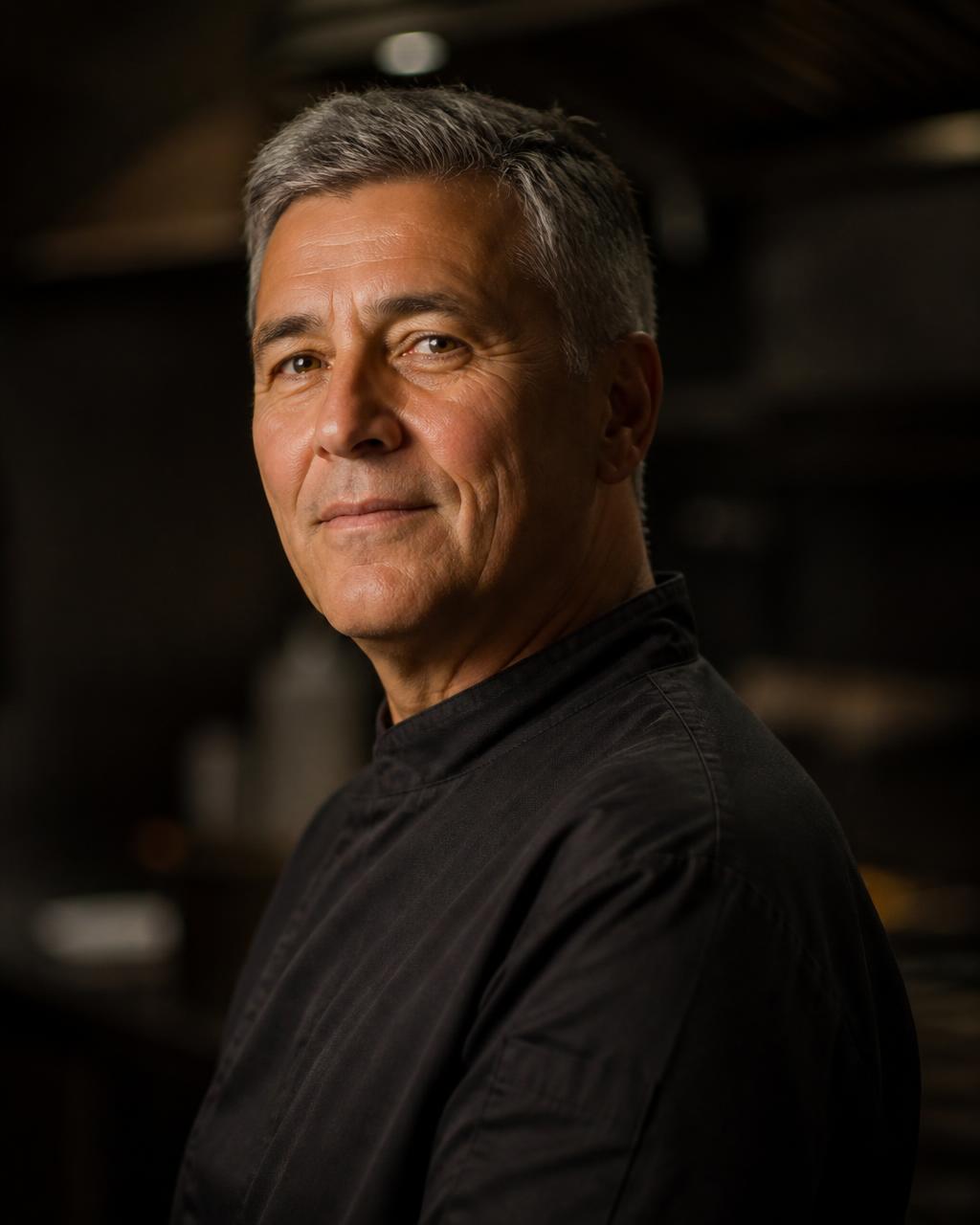 Retrato del chef Matías Herrera en chaqueta negra, cocina profesional desenfocada al fondo