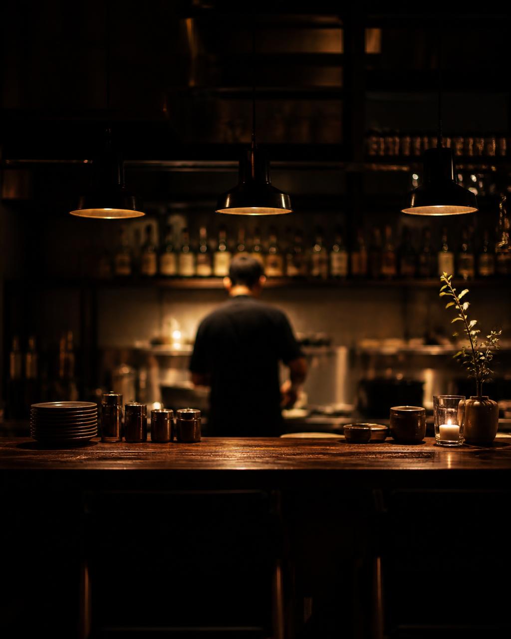 Interior del restaurante de noche: barra de madera oscura, lámparas cálidas y un cocinero de espaldas
