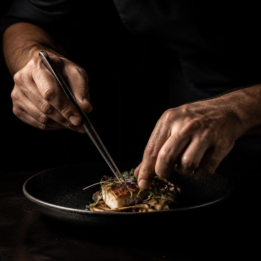 Manos de cocinero emplatando con pinzas sobre un plato de cerámica negra