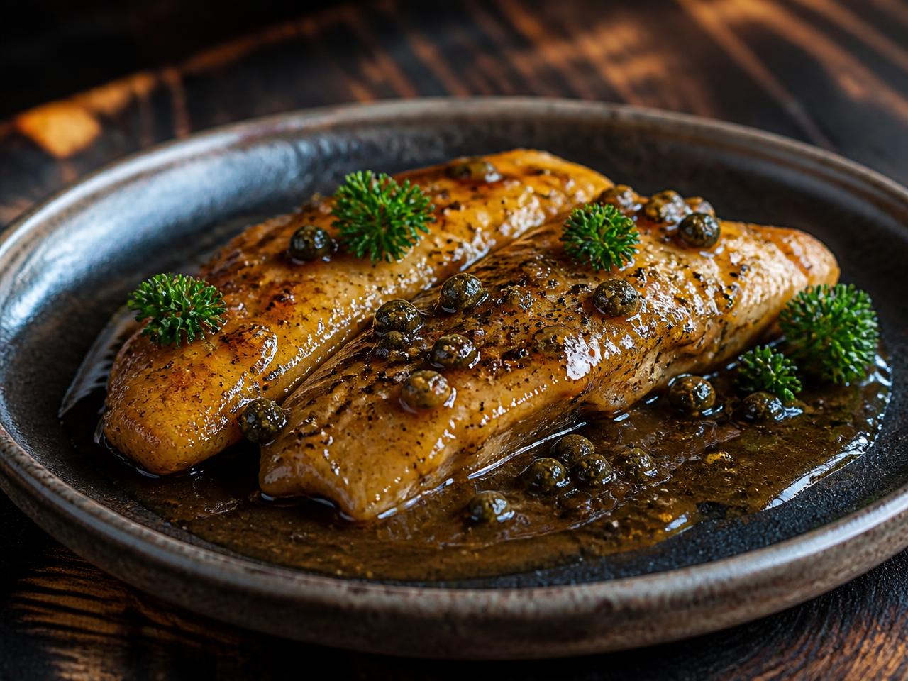 Filete de congrio dorado en salsa de mantequilla negra con alcaparras sobre cerámica oscura