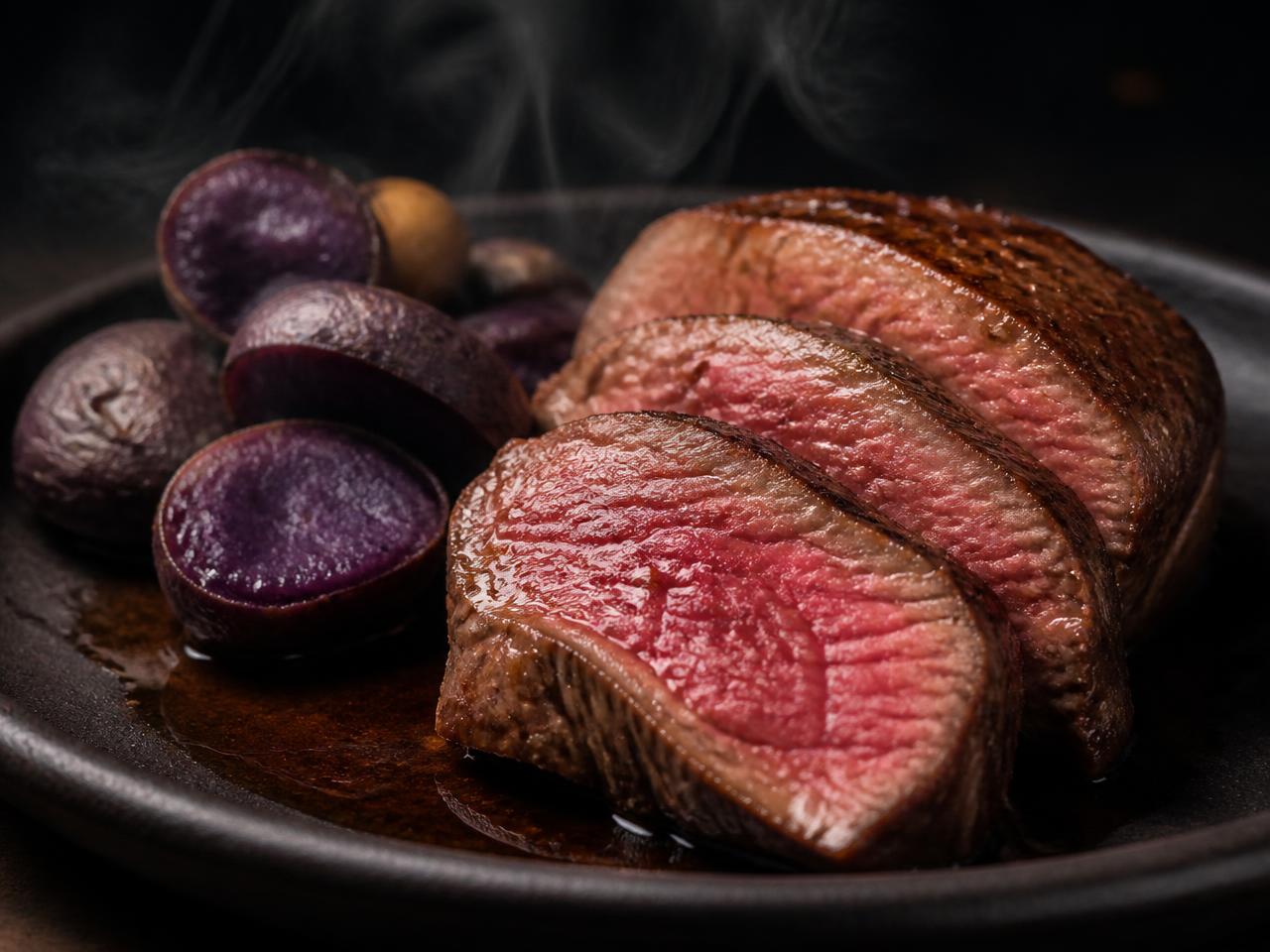 Corte de wagyu a punto medio con papas nativas moradas y jugo de asado sobre plato de piedra