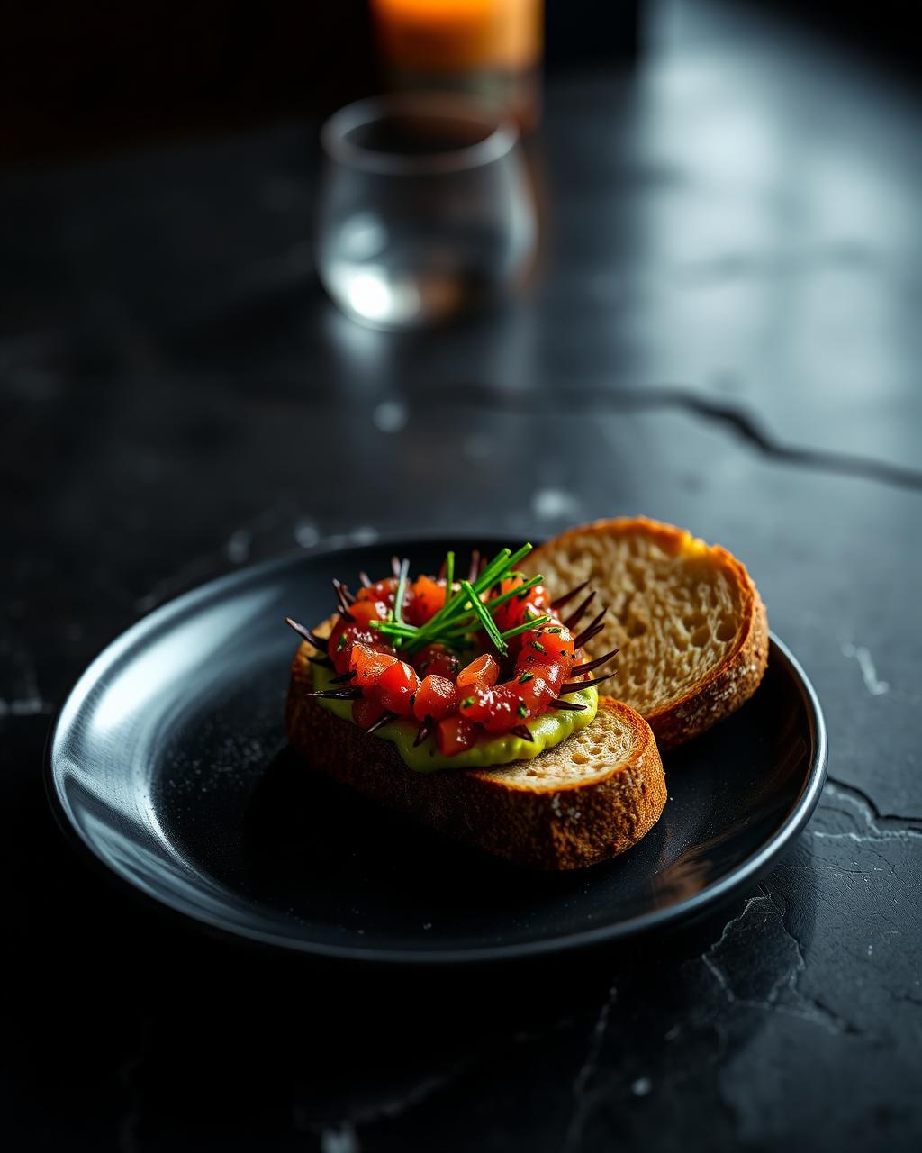 Tostada de masa madre con erizos frescos, palta y cebollín sobre plato negro