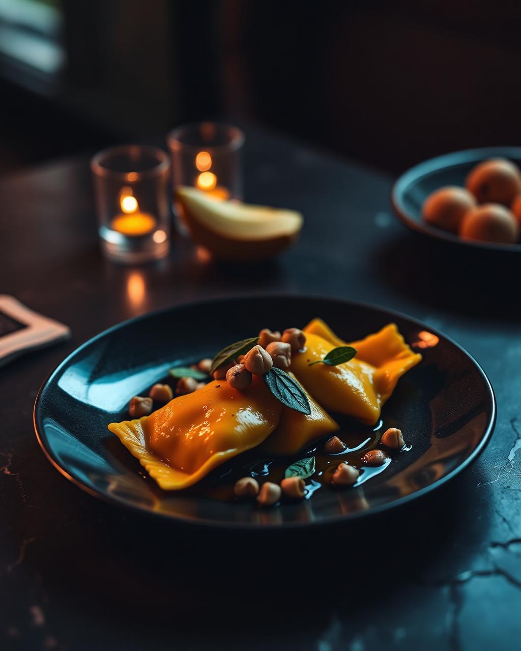 Ravioles caseros de zapallo con mantequilla de salvia y avellanas tostadas