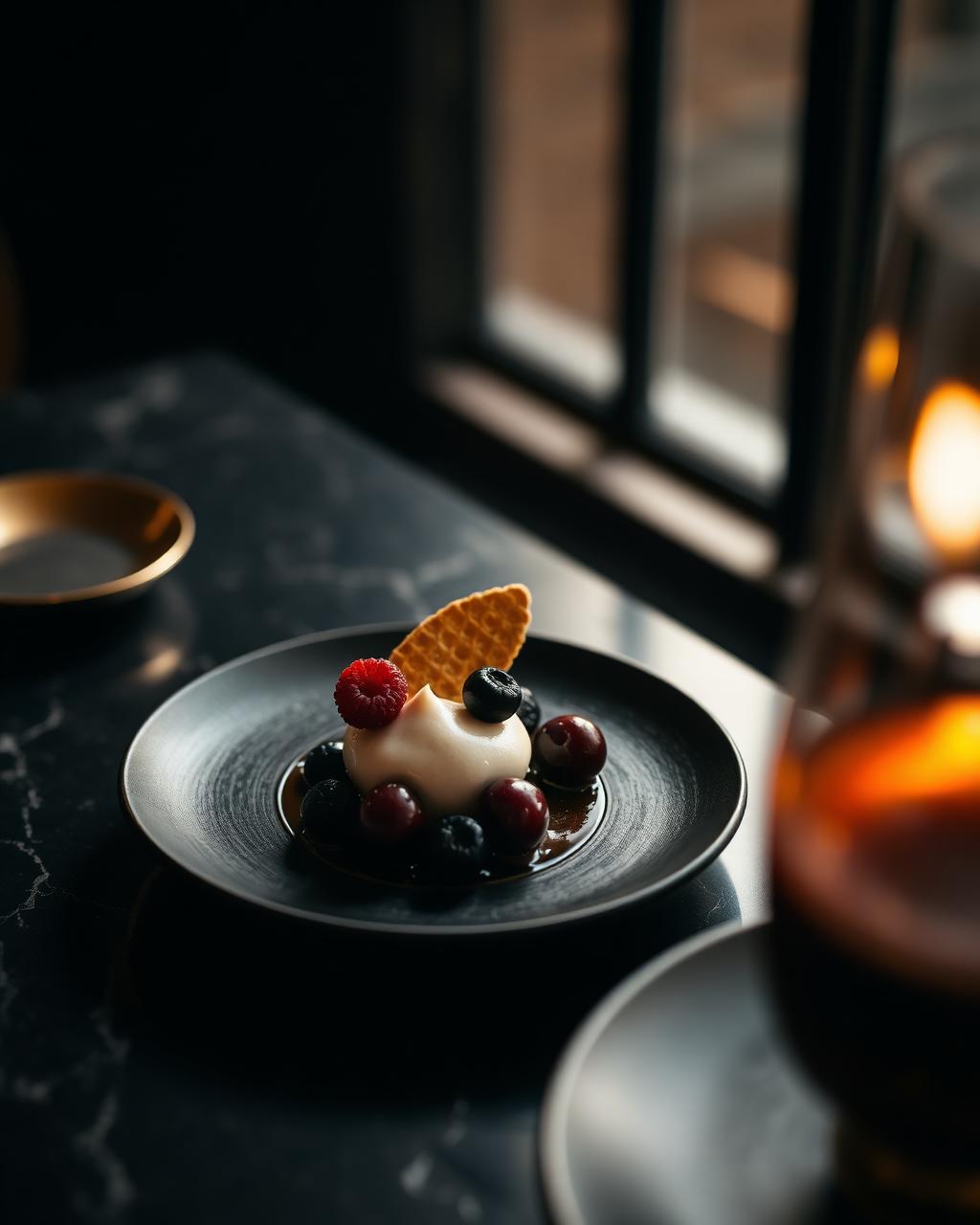 Postre de murta y frutos rojos con quenelle de crema de avellanas y teja crocante